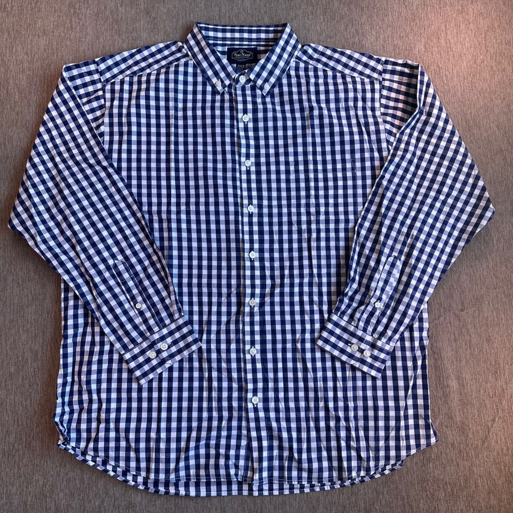 Nat Nast Mens 2XLB Gingham Button Down Shirt Navy Blue White Cotton Long Sleeve